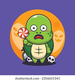 Cute turtle scared by ghost in halloween day. Cute halloween cartoon illustration. 