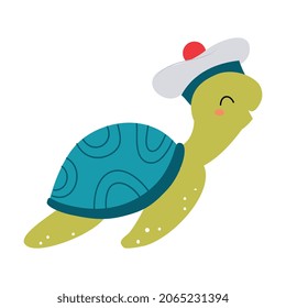 Cute Turtle as Sea Animal in Sailor Hat Floating Underwater Vector Illustration