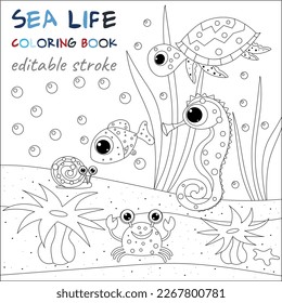 Cute turtle, seahorse and crab. Original coloring pages of the underwater world. Black and white graphics for creativity of children and adults. 