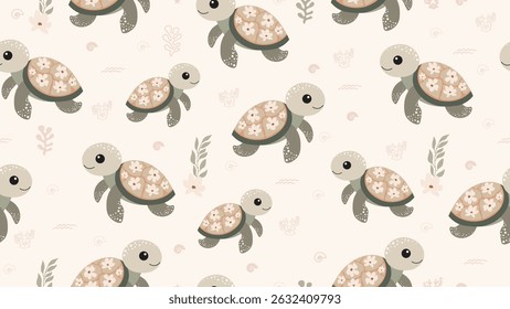 Cute Turtle Seamless Pattern Background. Turtle illustration pattern. Turtle, childish background. Perfect for fabrics, textile, wallpaper, decor. SSTKbackgrounds
