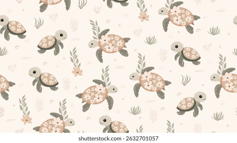 Cute Turtle Seamless Pattern Background. Turtle illustration pattern. Turtle, childish background. Perfect for fabrics, textile, wallpaper, decor. SSTKbackgrounds
