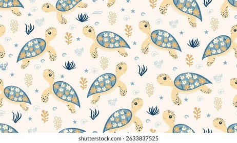 Cute Turtle Seamless Pattern Background. Turtle illustration pattern. Turtle, childish background. Perfect for fabrics, textile, wallpaper, decor. SSTKbackgrounds
