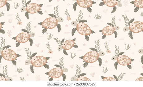 Cute Turtle Seamless Pattern Background. Turtle illustration pattern. Turtle, childish background. Perfect for fabrics, textile, wallpaper, decor. SSTKbackgrounds
