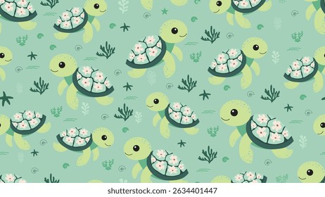 Cute Turtle Seamless Pattern Background. Turtle illustration pattern. Turtle, childish background. Perfect for fabrics, textile, wallpaper, decor. SSTKbackgrounds

