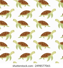 Lindo patrón sin costuras de tortuga. Fondo kawaii para niños. Bajo el mar, el agua, el carácter animal, la fauna del océano. Diseño de Vector plano.	