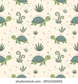 Cute Turtle Seamless Pattern, Kawaii Childlike Ocean Animal Cartoon Background with Seaweed Swimming Illustration, Minimalist Muted Earth Tones Nursery Kids Repeatable Surface Wallpaper