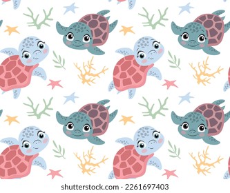 Cute turtle seamless pattern. Representatives of underwater world, marine flora and fauna, wild life. Animal in shell swims next to algae, plants and corals. Cartoon flat vector illustration