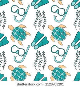 Cute turtle seaweed and snorkeling equipmaent. In the sea - cartoon vector illustration. Seamless pattern in emerald, beige colors, for wallpaper, background, fabric, textile.