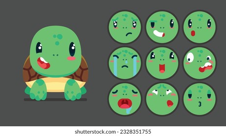 Tortuga tortuga, conjunto de emociones animales, pequeña tortuga con coloración de emojis, durmiendo, llorando, triste, aburrida, feliz, emocionada, adorable, sorprendida, descuidada, segura, aterrada, atónita, avatar del Vector Flat