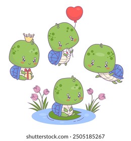 Cute turtle set. Funny cartoon animal floating, with balloon, princess with gift and on lake with flowers. Isolated kawaii characters. Vector illustration. Kids collection