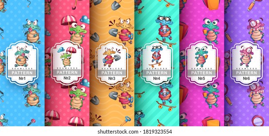 Cute turtle - set seamless pattern. Vector eps 10