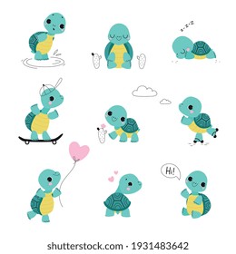 Cute Turtle with Shell and Short Feet Waving Paw, Sleeping and Skateboarding Vector Set