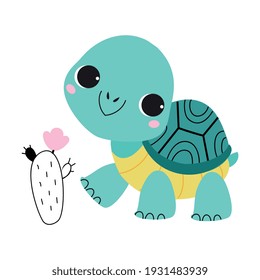 Cute Turtle with Shell and Short Feet Walking Vector Illustration