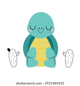 Cute Turtle with Shell and Short Feet Engaged in Meditation Vector Illustration