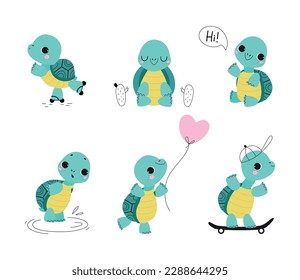 Cute Turtle with Shell and Short Feet Engaged in Different Activity Vector Set