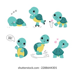 Cute Turtle with Shell and Short Feet Engaged in Different Activity Vector Set