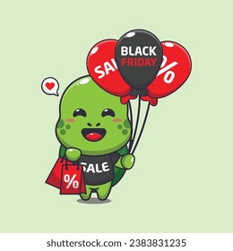 cute turtle with shopping bag and balloon at black friday sale cartoon vector illustration