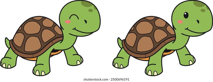 Cute turtle with simple lines and no gradients. Each image on separate layer. Vector illustration.
