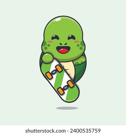 Cute turtle with skateboard cartoon vector illustration.
