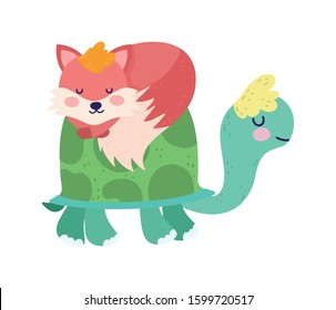 Cute turtle and sleeping fox. Cartoon vector illustration for baby shower.