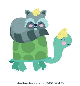 Cute turtle and sleeping raccoon. Cartoon vector illustration for baby shower.