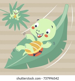 cute turtle slide down on banana leaf with frog on leaf, vector cartoon illustration