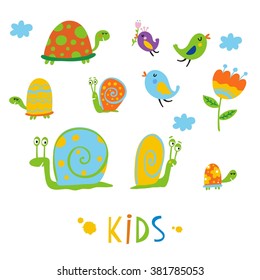 Cute turtle, snail, bird print