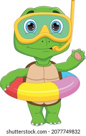 cute turtle with snorkeling equipment and waving