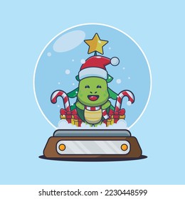 Cute turtle in snow globe. Cute christmas cartoon illustration.