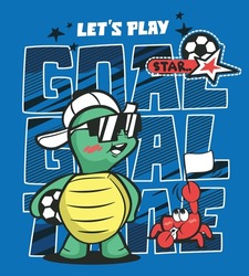 Cute Turtle Soccer Player Cartoon Holding Ball With Little Friends On Blue Background Illustration Vector, Slogan Print Design.