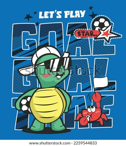 Cute turtle soccer player cartoon holding ball with little friends on blue background illustration vector, Slogan print design.