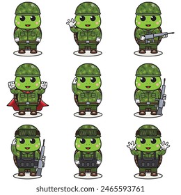 Cute Turtle soldier in camouflage uniform. Cartoon funny Turtle soldier character with helmet and green uniform in different positions. Funny Animal illustration Set.