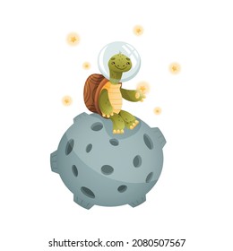 Cute turtle space tourist sitting on moon. Funny tortoise character flying in outer space vector illustration