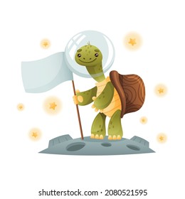 Cute turtle space tourist standing on the moon with flag. Funny tortoise character flying in outer space vector illustration