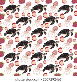 cute turtle, squid with fruit as a pattern background