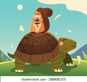 cute turtle and squirrel with acorn in the meadow cartoon vector illustration