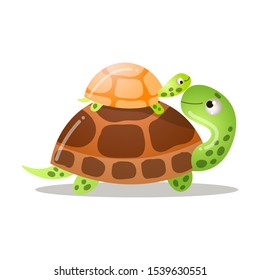 Cute turtle is standing with a baby. Vector illustration isolated on white background