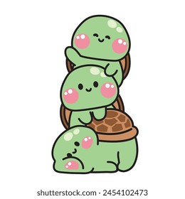 Cute turtle stay on top each other greeting.Marine animal character cartoon design.Image for card,poster,sticker,baby clothing,t shirt print screen.Relax.Lay.Kawaii.Vector.Illustration.