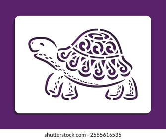 Cute turtle stencil. Rectangular picture with cartoon aquatic animal with decorative shell. Template for plotter laser cutting of paper, fretwork, wood carving, metal engraving, cnc. Vector image.