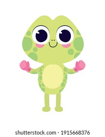 cute turtle sticker with box gloves vector illustration design