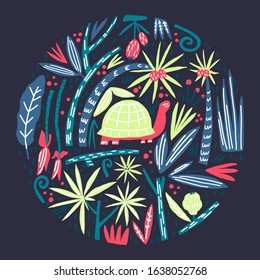 Cute turtle, stylized palm trees, branches leaves and fruits composition. Cover design. Vector flat illustration.