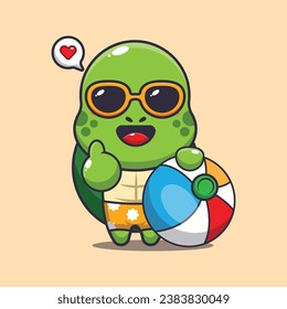 Cute turtle in sunglasses with beach ball cartoon illustration. Cute summer cartoon illustration. 