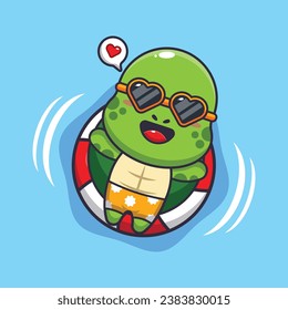 Cute turtle in sunglasses float with buoy. Cute summer cartoon illustration. 