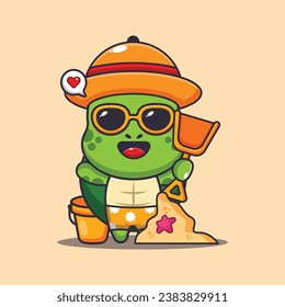 Cute turtle in sunglasses play sand beach cartoon illustration. Cute summer cartoon illustration. 
