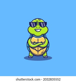 Cute turtle with sunglasses vector illustration. Flat cartoon style. Mascot design.