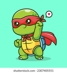 Cute Turtle Super Hero Cartoon Vector Icon Illustration. Animal Holiday Icon Concept Isolated Premium Vector. Flat Cartoon Style