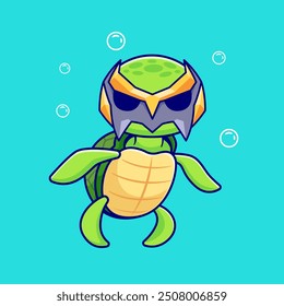 Cute Turtle Super Hero Cartoon Vector Icon Illustration. Animal Holiday Icon Concept Isolated Premium Vector. Flat Cartoon Style