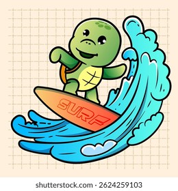 Cute Turtle Surfing beach waves Cartoon Illustration. Animal Nature Icon Concept Isolated Flat Cartoon Style for coloring page or education kids