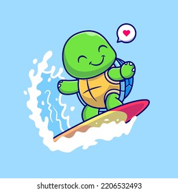 Cute Turtle Surfing On Wave Cartoon Vector Icon Illustration. Animal Sport Icon Concept Isolated Premium Vector. Flat Cartoon Style