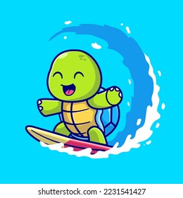 Cute Turtle Surfing On Wave Cartoon Vector Icon Illustration. Animal Holiday Icon Concept Isolated Premium Vector. Flat Cartoon Style